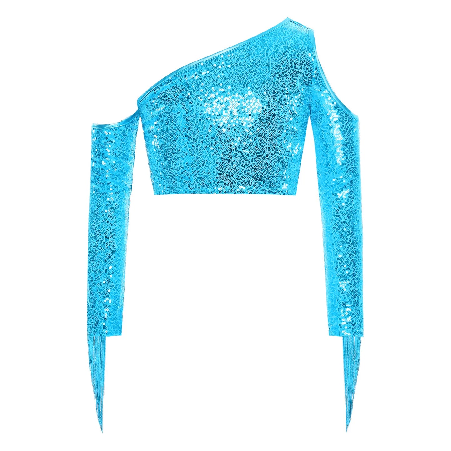 Children's One Shoulder Tassels Tops Streetwear Kids Girls Sequins Crop Top T-shirts Fashion Shiny Stage Performance Costume
