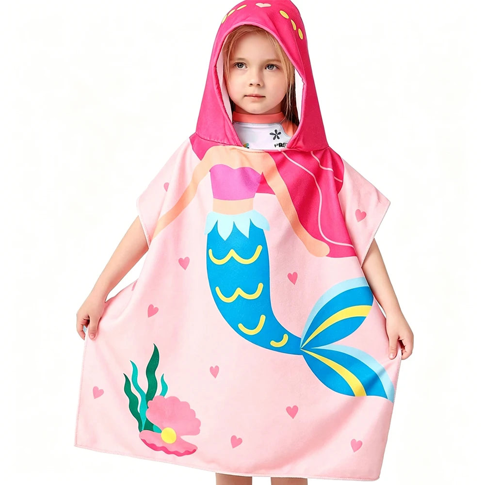 60-120cm Kids Hooded Bath Beach Poncho Towels Baby Quick Dry Bathrobe Child Cartoon Cloak Poncho Towels Microfiber Swim Cover-up