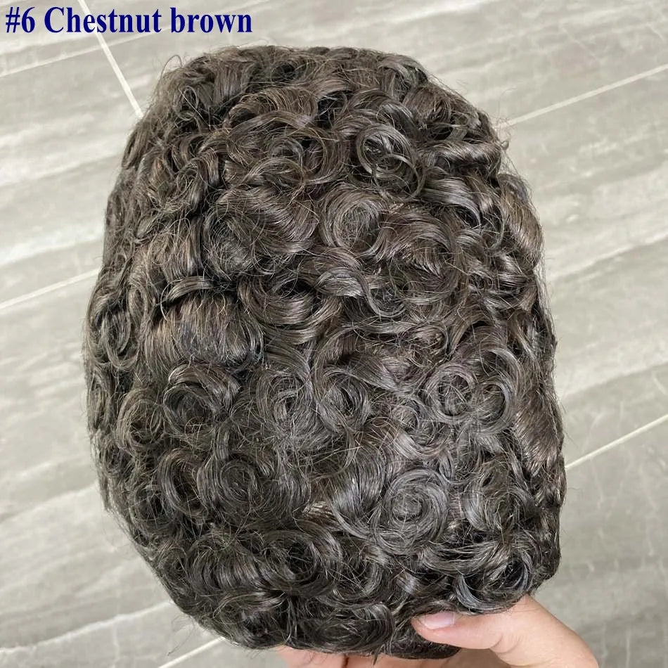 100% Human Hair Man 25mm Loose Curly Hair Replacement System Durable Skin Base Brown Gray Blonde #4 1B65 Prosthesis Hairpieces