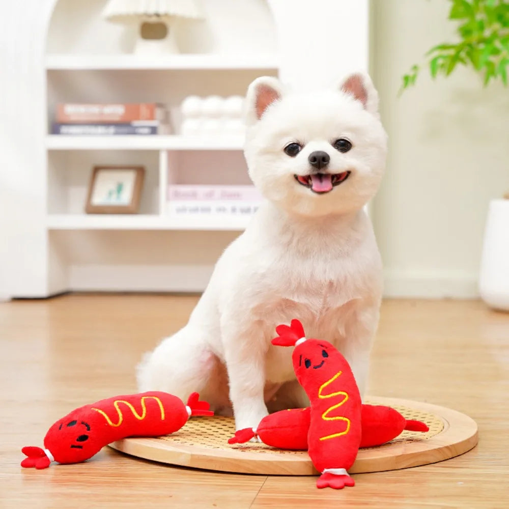 Dog Sound Plush Toy Hot Dog Chewing Toy Pet Grinding Teeth Squeaky Plush Toy Puppy Bite-resistant Interactive Chew Toy 