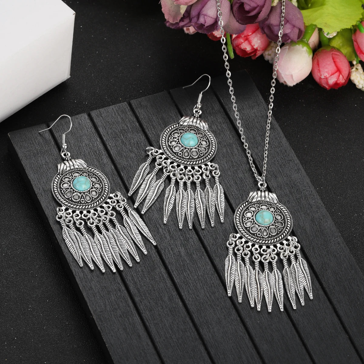 2023 Indian Jewelry Set Ethnic Silver Plated Geometric Carved Tassel Earring Necklace Women's Blue Turquoises Chain Jewelry