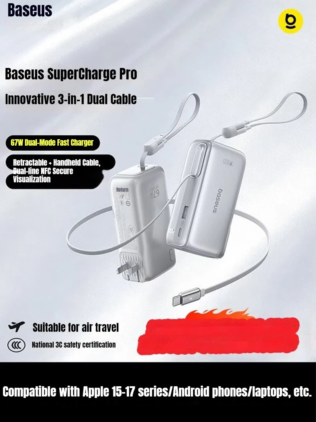 Baseus 67W Pro 3 In 1 Portable Power Bank Retractable Cable Charger 3C Certified Airline Approved For Smartphone 10000mah