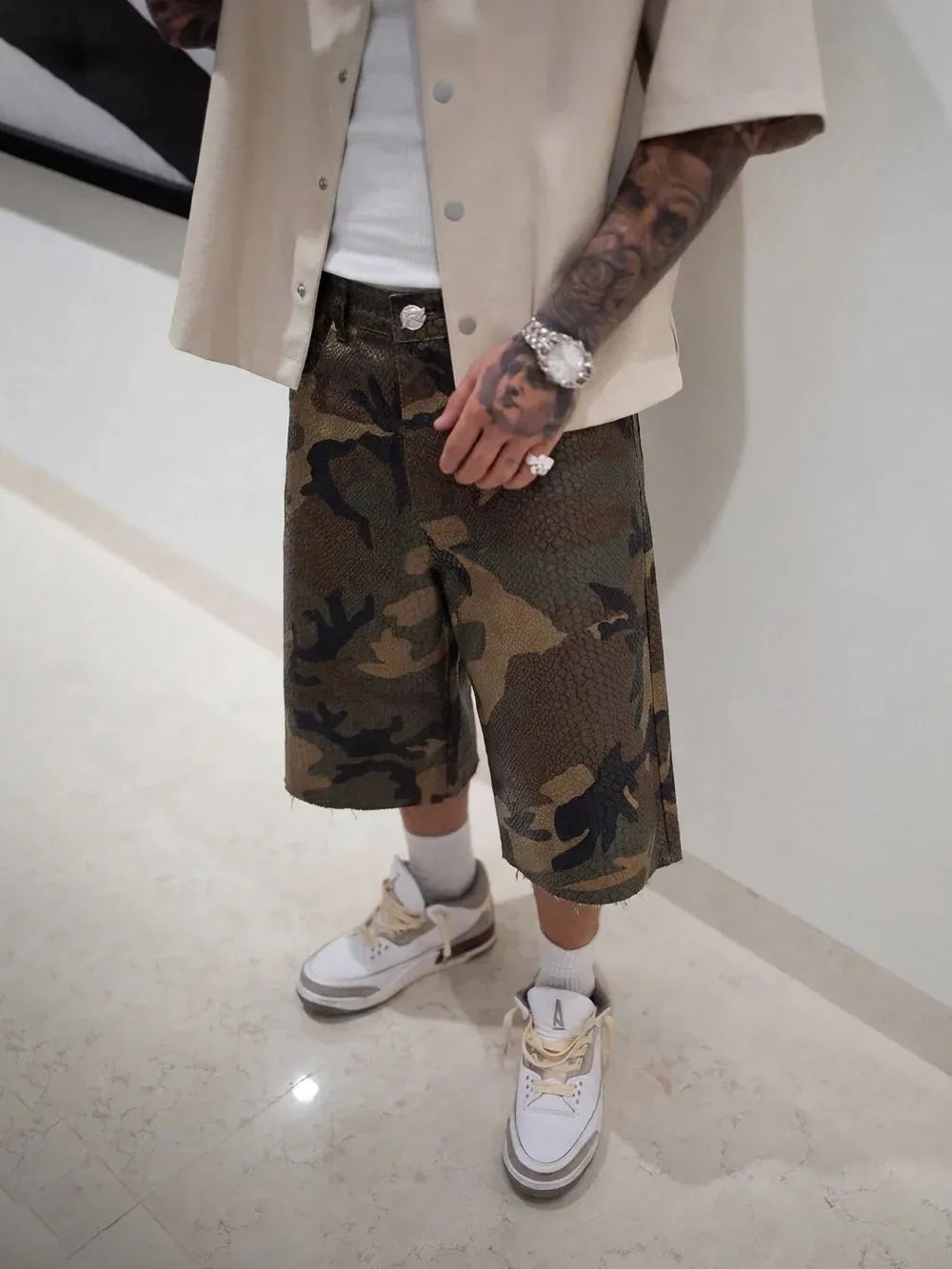 Python Camo Print Retro Cowboy Denim Shorts High Street Hip Hop Middle Pants High Waist Straight Tube Loose Five Point Shorts