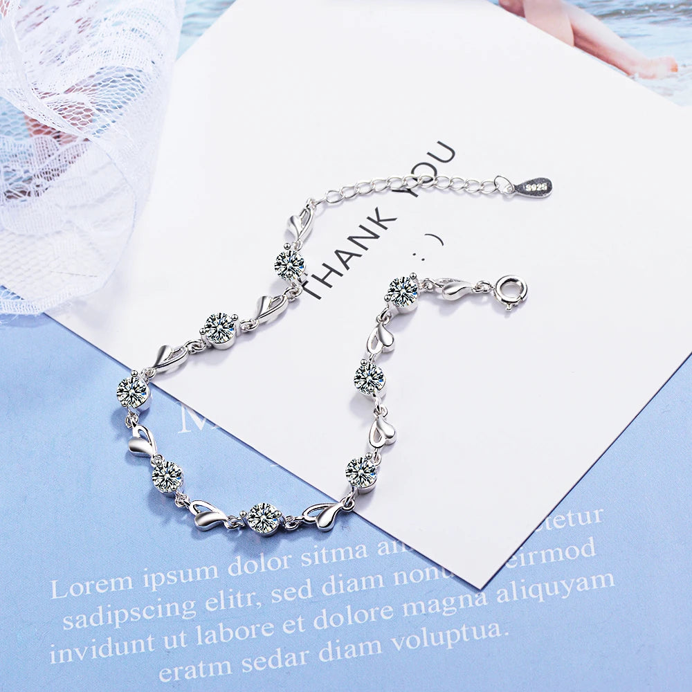 Delicate 925 Sterling Silver Zircon Love Heart Shaped Bracelets For Women Valentines Gift Wedding Jewelry S-b227