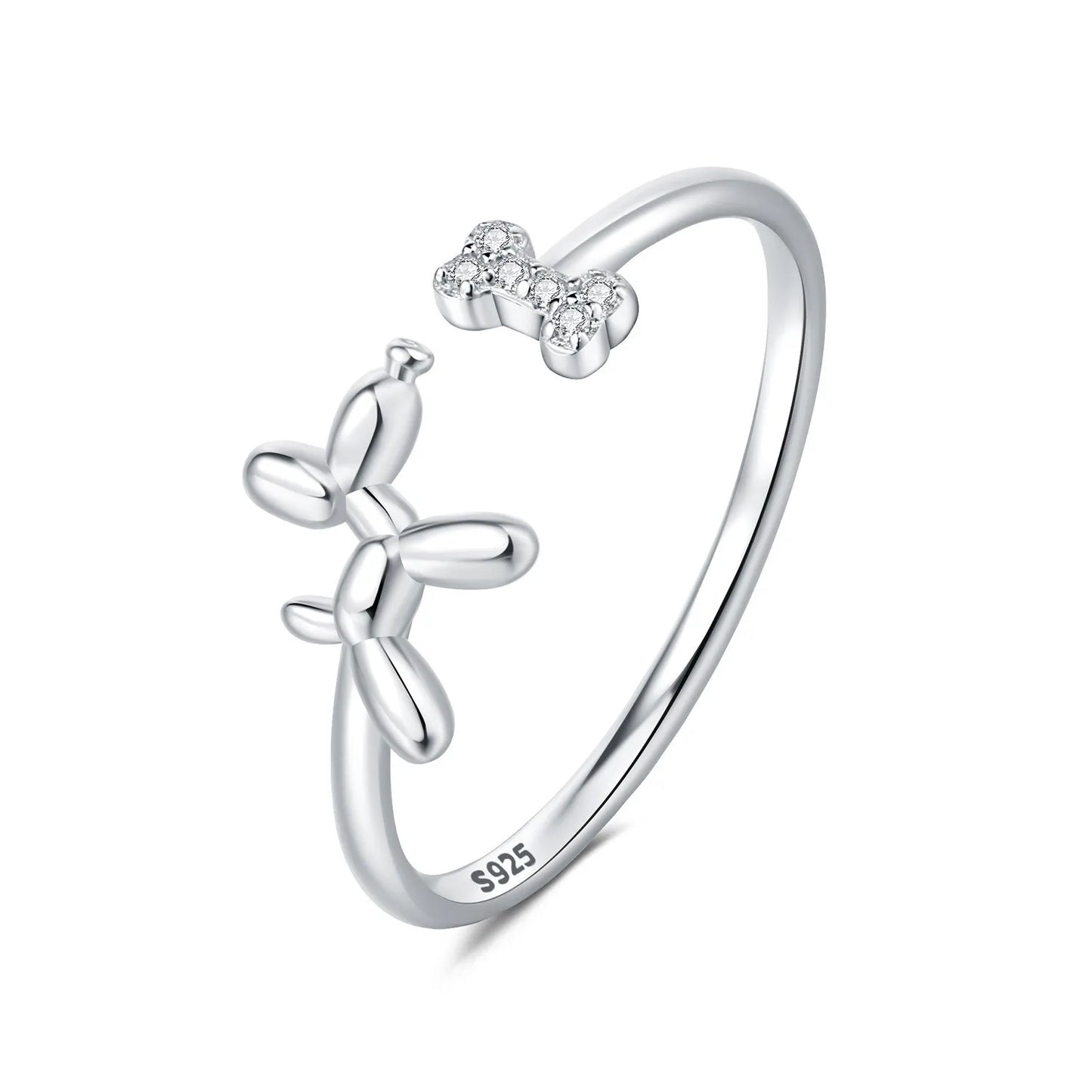Original 925 Sterling Silver Zircon Bone Balloon Dog Adjustable Open Ring Fine Jewelry Luxury Gift for Women Birthday Party 2026