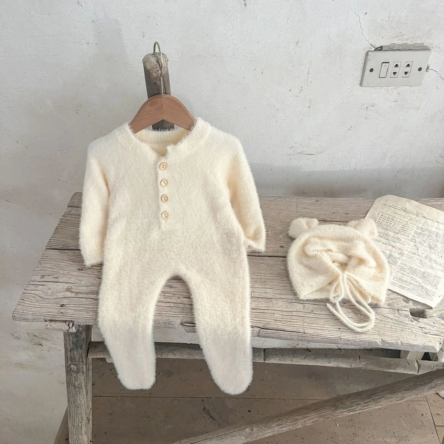 Newborn Baby Winter Jumpsuit Mink Cashmere Cute Bear Ear Hooded Onesie with Hat 0 - 3Y Baby Boys Girls Warm Footed Romper