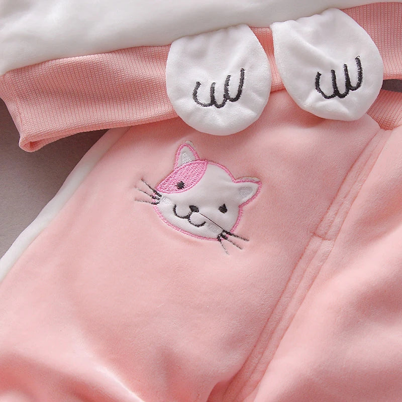 Kids Girls 3 Piece Fleece Lined Patchwork Cat Hoodie Vest Paw Pant Suit Children Warm Winter Set 80-120