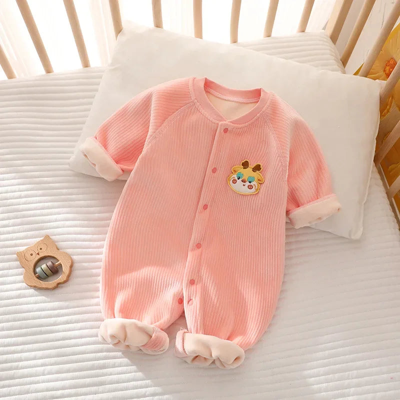 Winter Baby Jumpsuit Long Sleeves and Long Pants Warm Double-faced Fleece Cartoon Design for Boys Girls Bodysuit