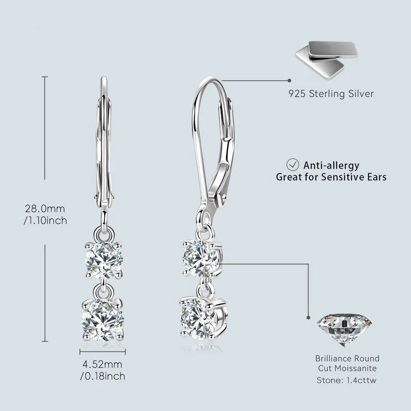 IOGOU D Moissanite Drop Earrings for Women 925 Sterling Silver Leverback Trendy Wedding Fine Jewelry Gift with Certificate