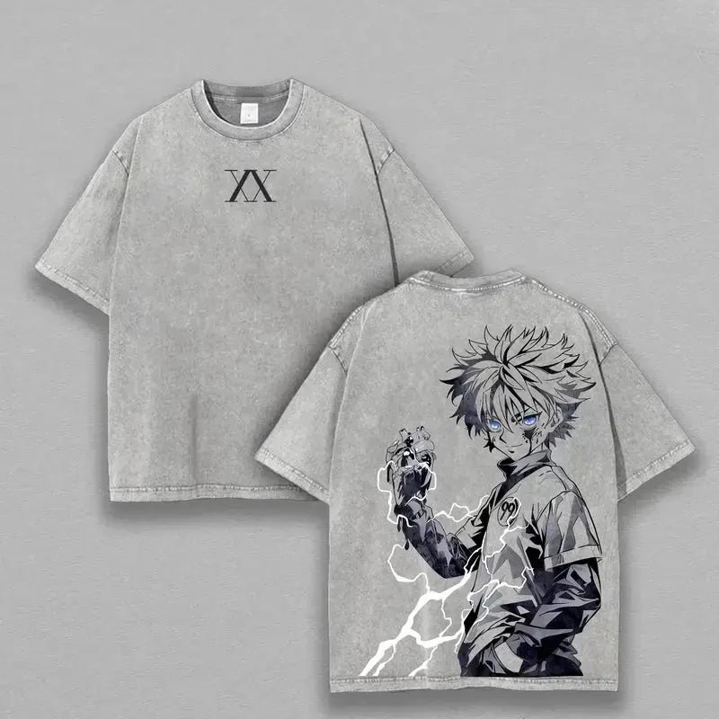 Anime Hunter × Hunter Killua Graphic T Shirt Men Short Sleeve Clothing Casual Cotton Tshirt Vintage Washed T-shirt Harajuku Tops