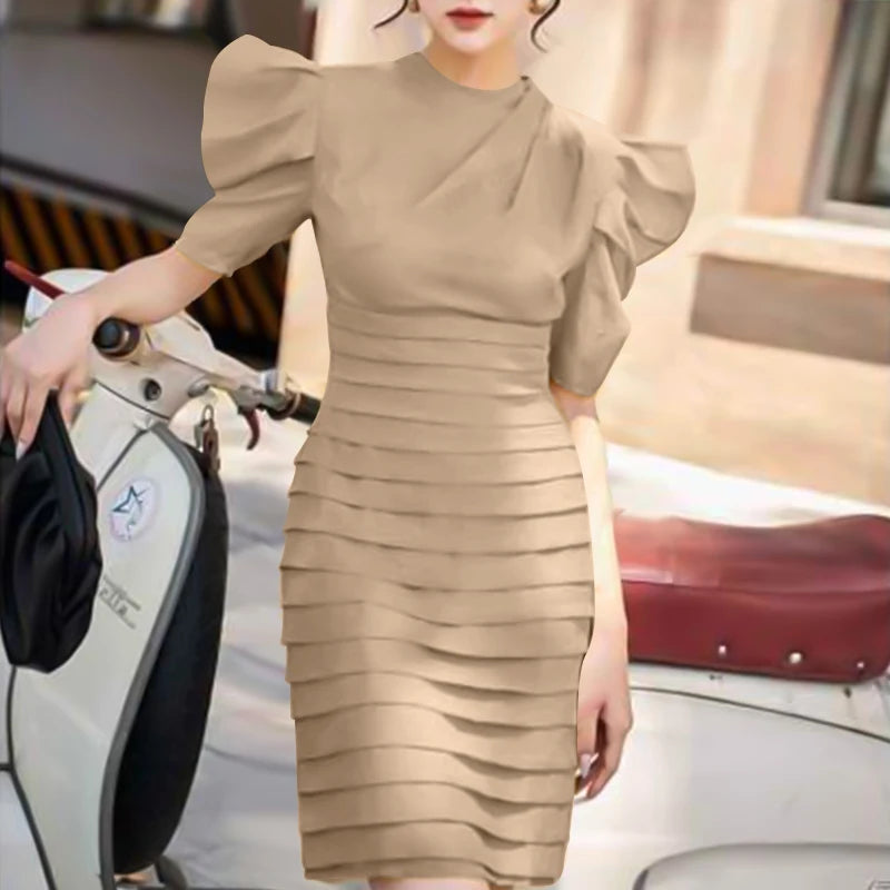 ZANZEA Women Chic Pleated Wrap Dress 2024 Summer Elegant Puff Short Sleeve Party Dress Vintage Cocktail Dress Sexy Slim Vestidos