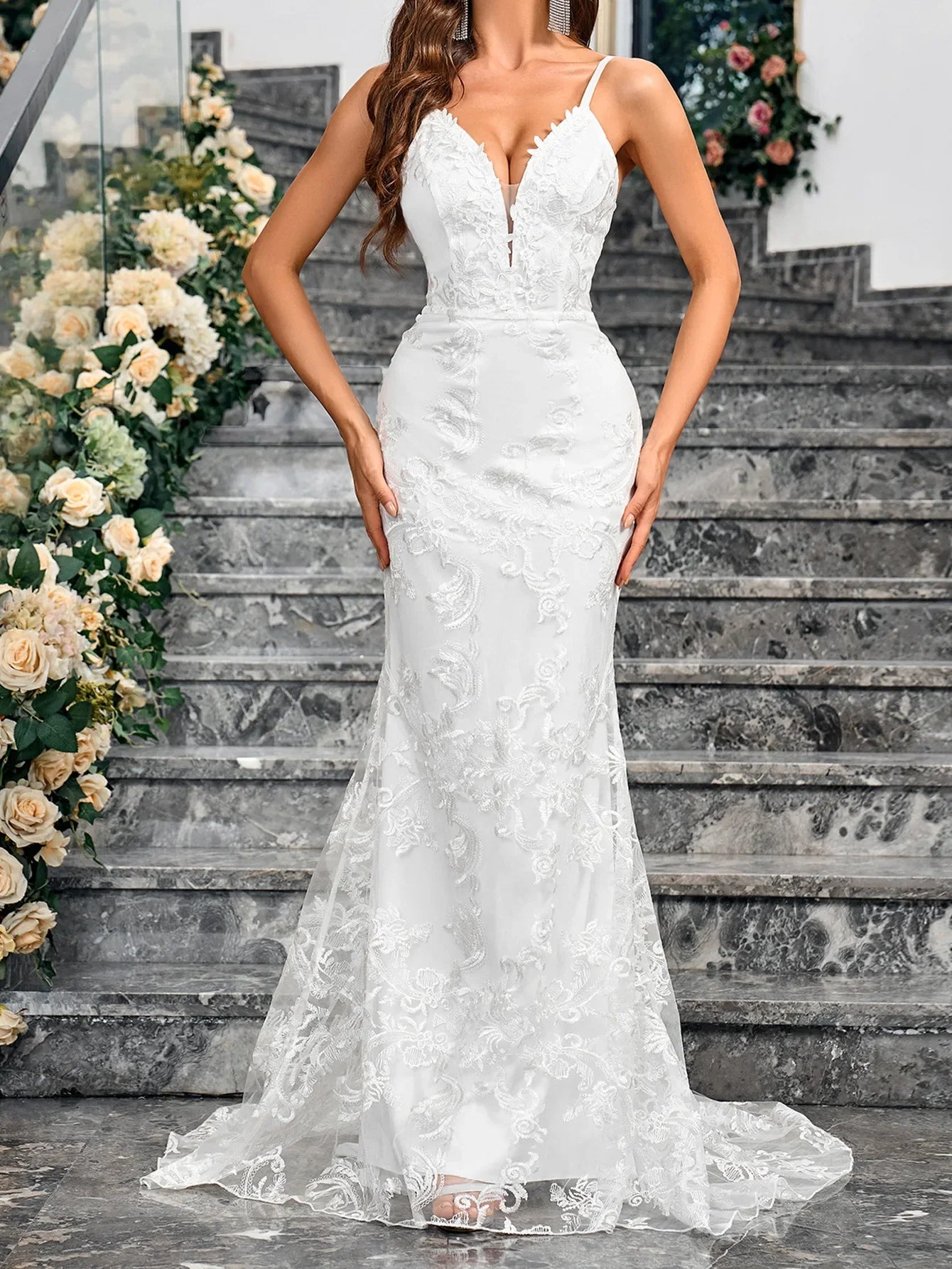 Sexy Cross-Border Slim Fit Bodycon Wedding Dress with Train for Bridal Showers And Parties V-Neck Ankle-Length Evening Gown