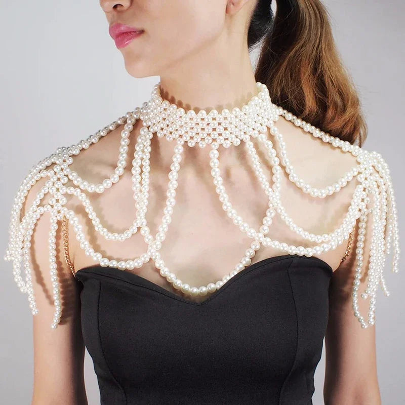 Fashion Pearl Shoulder Chain Jewelry Wedding Party Big Necklace Sweater Chain Shoulder Chain Wedding Accessories Gift for Women