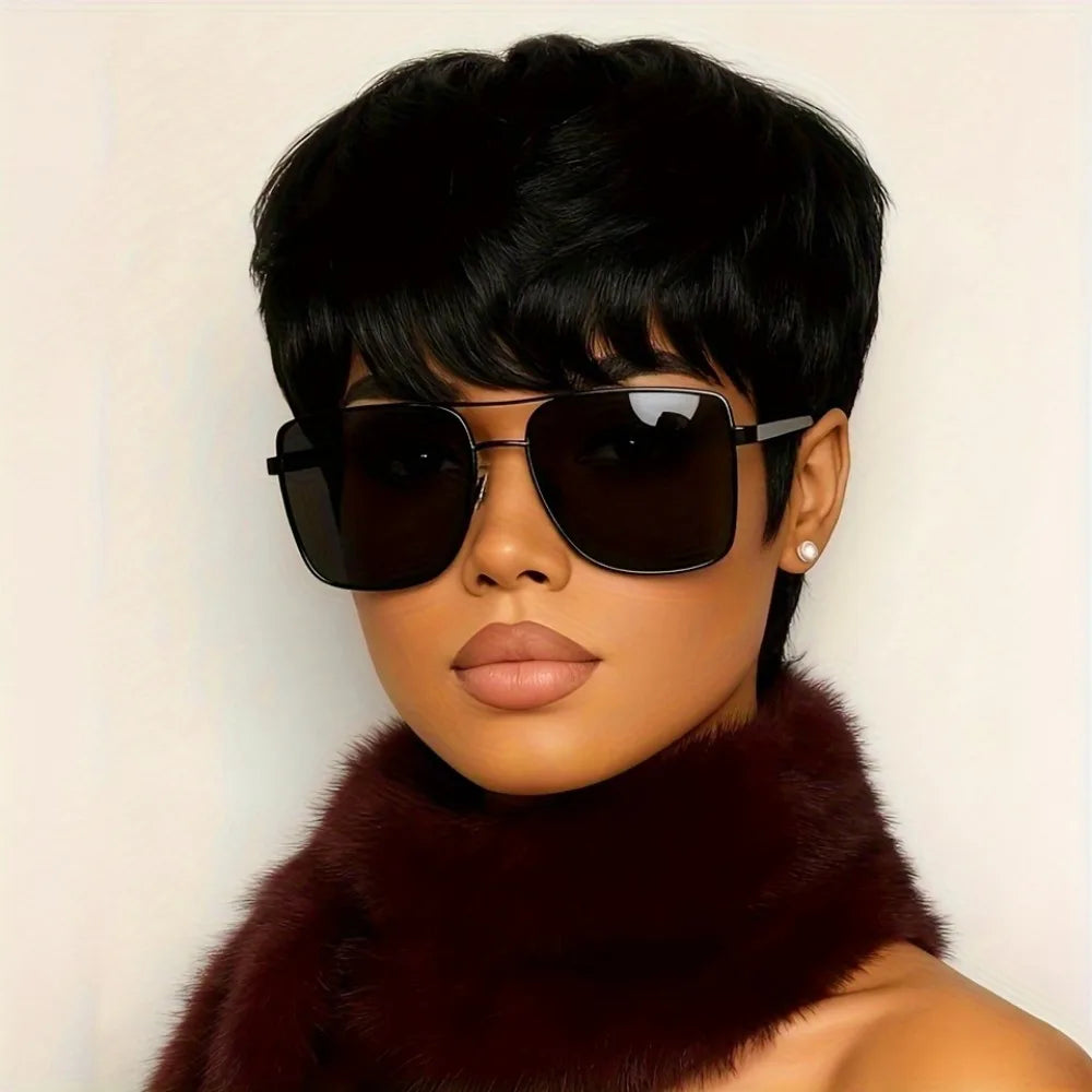 Women's Short Pixie Cut Human Hair Wig -full Machine Made 180% Density Human Hair Straight Natural Wig with Bangs