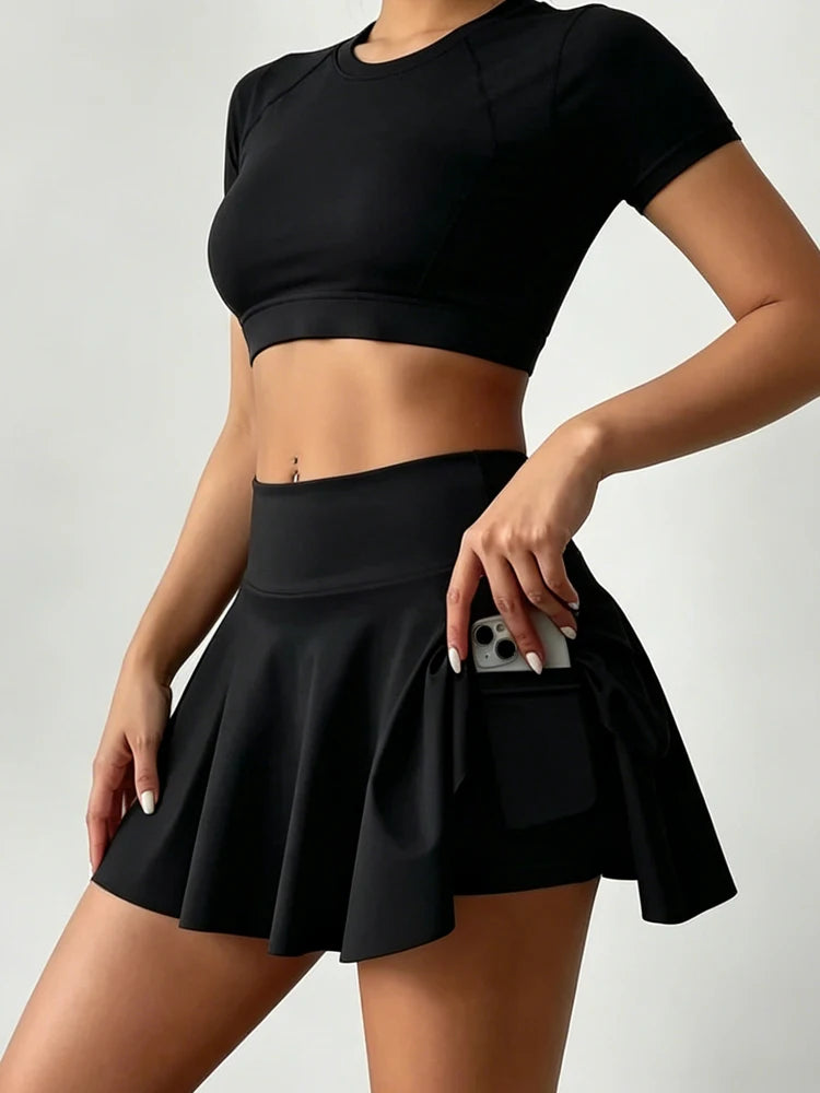 Women Quick Drying Sports Tennis Skirt Solid Color High Waist Inner Pocket Athletic Yoga Skirt Female Running Fitness Mini Skirt