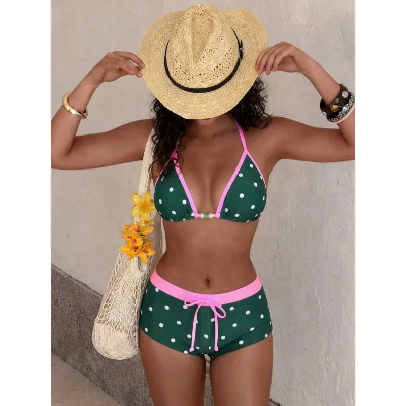 2026 New Beach Bathing Suit Women Polka Dot Halter Lace Up Swimsuits Bowknot Bikinis Swimsuits Print Beachwear Summer Swimwear