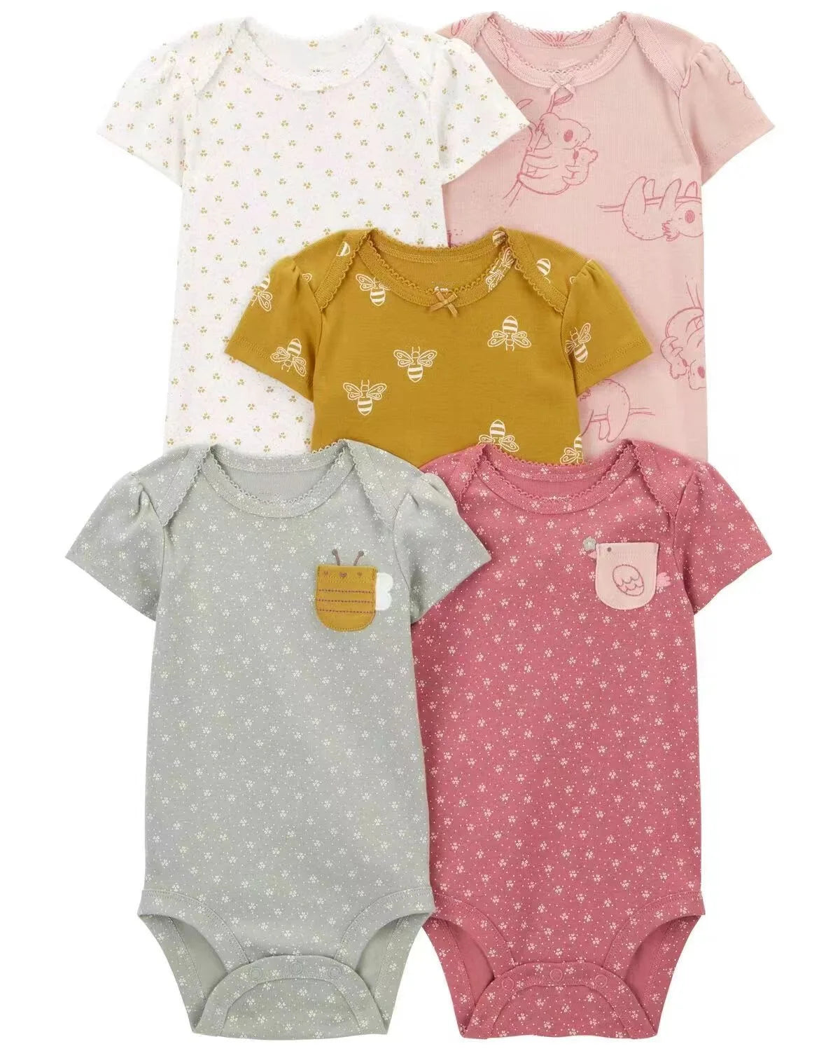 Summer Baby Romper 5pcs Set, Newborn Short Sleeve Onesies, Unisex Infant Bodysuit, Cotton Sling, 0-1Y