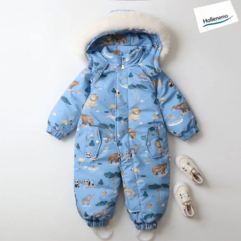 Baby Hooded One‑Piece Snowsuit Faux Fur Trim Windproof Waterproof Animal Print Warm Winter Zipper Jumpsuit Romper For Boys Girls