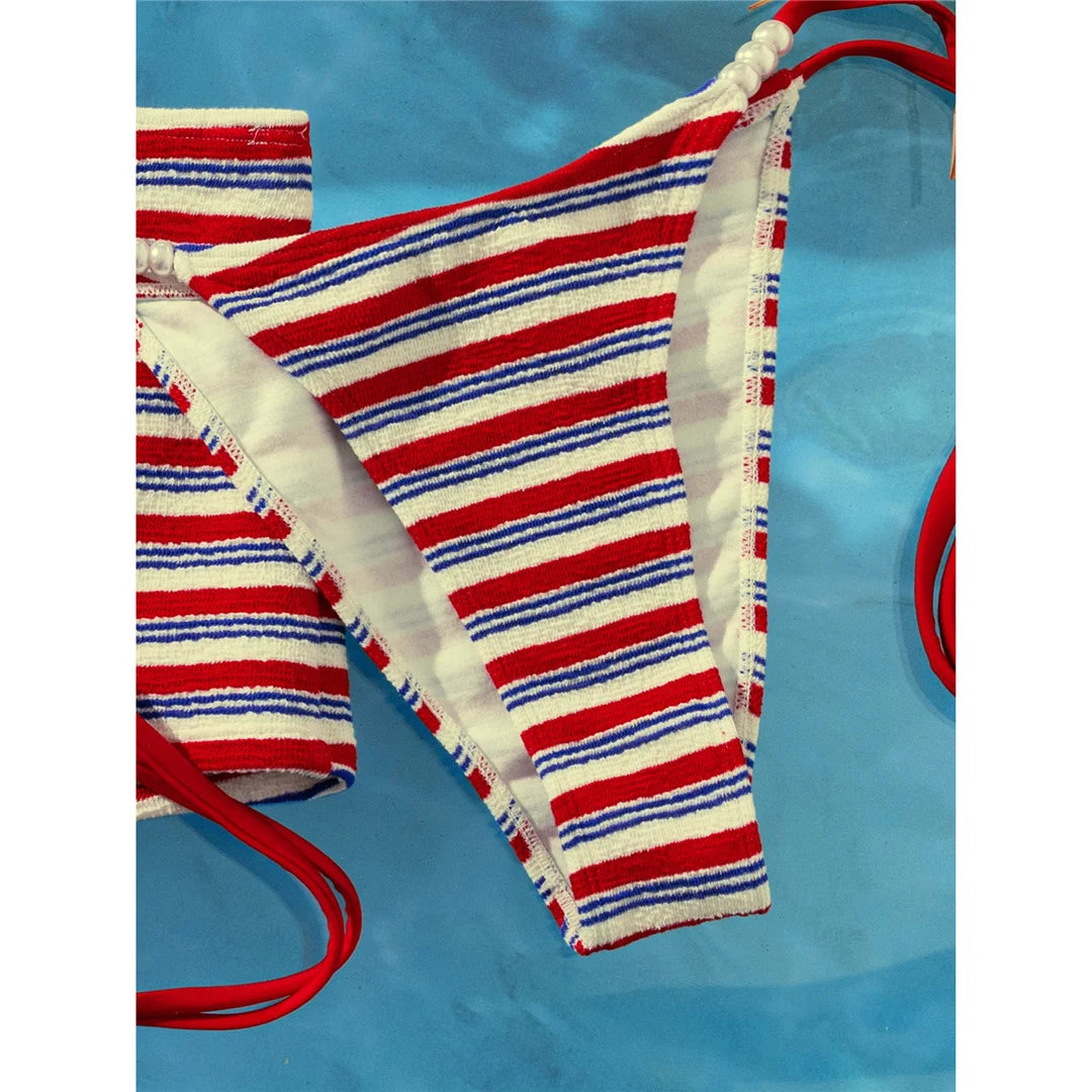 S - XL With Shorts Striped Halter Bikini Women Swimwear Female Swimsuit Three-Pieces Bikini Set Bather Bathing Suit Swim V8130