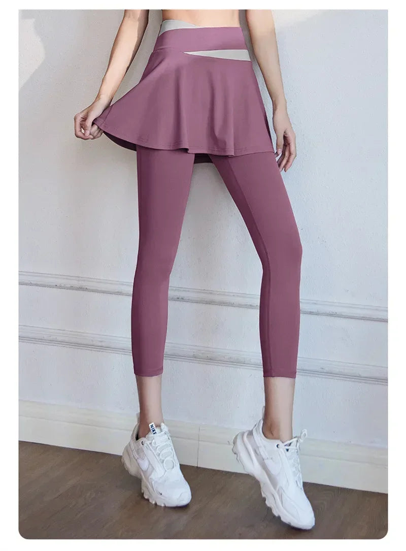 Aiithuug Tennis Skorts Cross-waist Skirted Legging Yoga Legging with Skirts Tennis Leggings Soft Stretchy Tennis Dresses Running