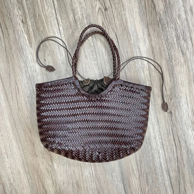 Luxury Designer Genuine Leather Cowhide Hand-woven Tote Bag High Quality Vintage Women's Vacation Travel Beach Shoulder Bag