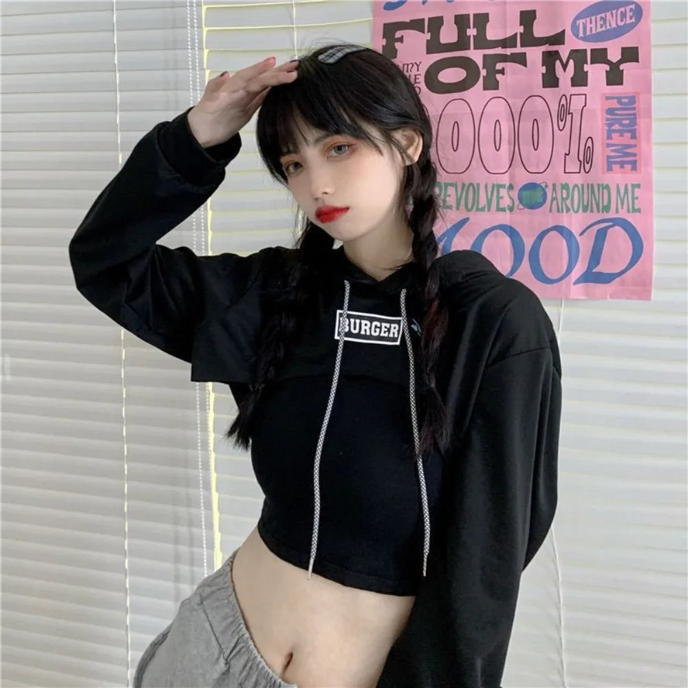 All Match Y2K Ultra Short Hoodie Loose Tees Shrug Pullover Streetwear Drawstring Women's T-shirt Summer