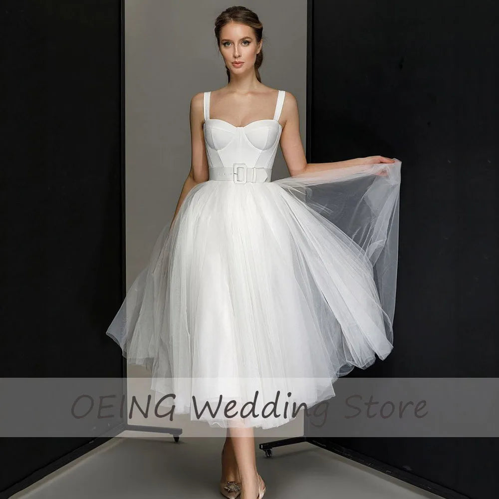 White Tulle Bridal Dress Short Sweetheart A Line Simple Wedding 2023 Tea Length Sleeveless Midi Gown Custom Made