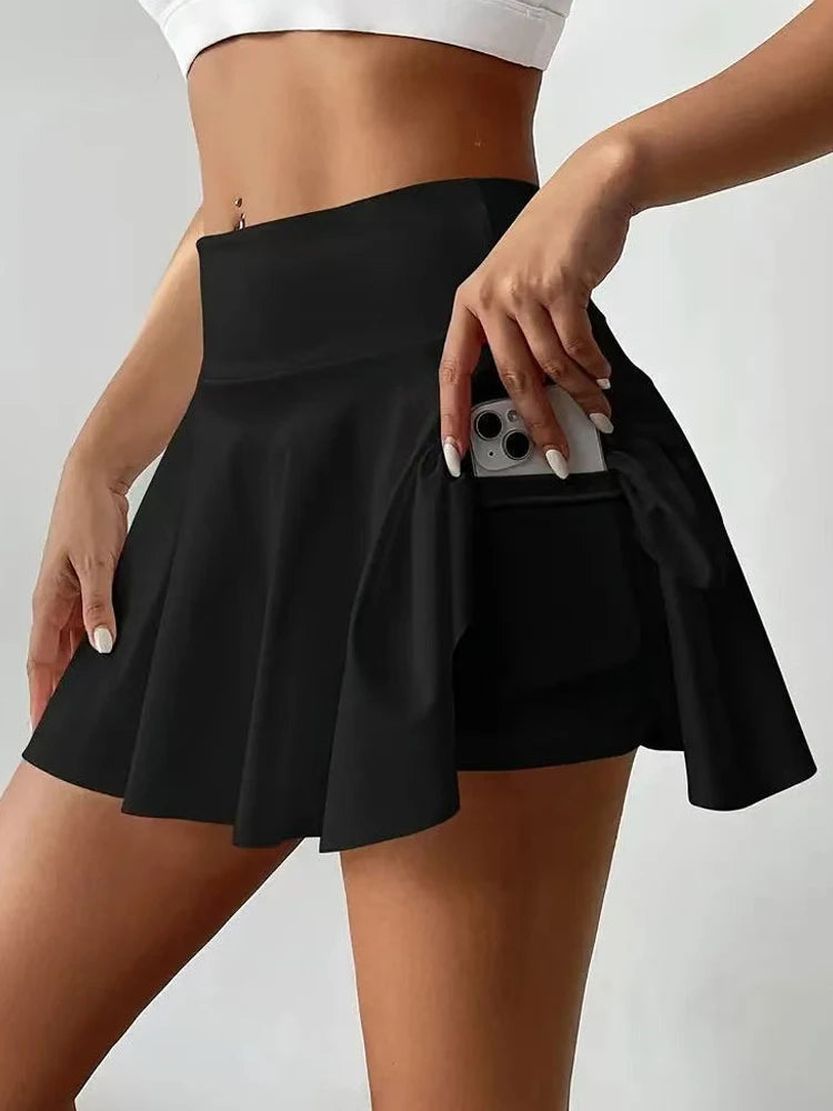 Women's Solid Color High Waist Sports Shorts Skirts Summer Tennis Skirt with Pockets Fashion Quick Dry Running Fitness Skirts