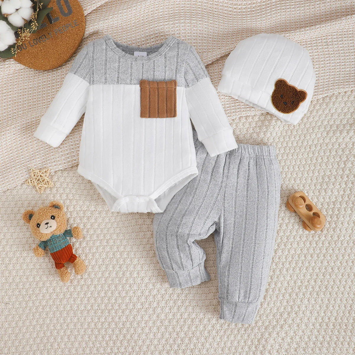 0-18 Month Newborn Baby boy Set Round neck Color Blocked Bodysuit+Pants+Hat Comfortable 3Pcs/set for baby boy spring autumn Set