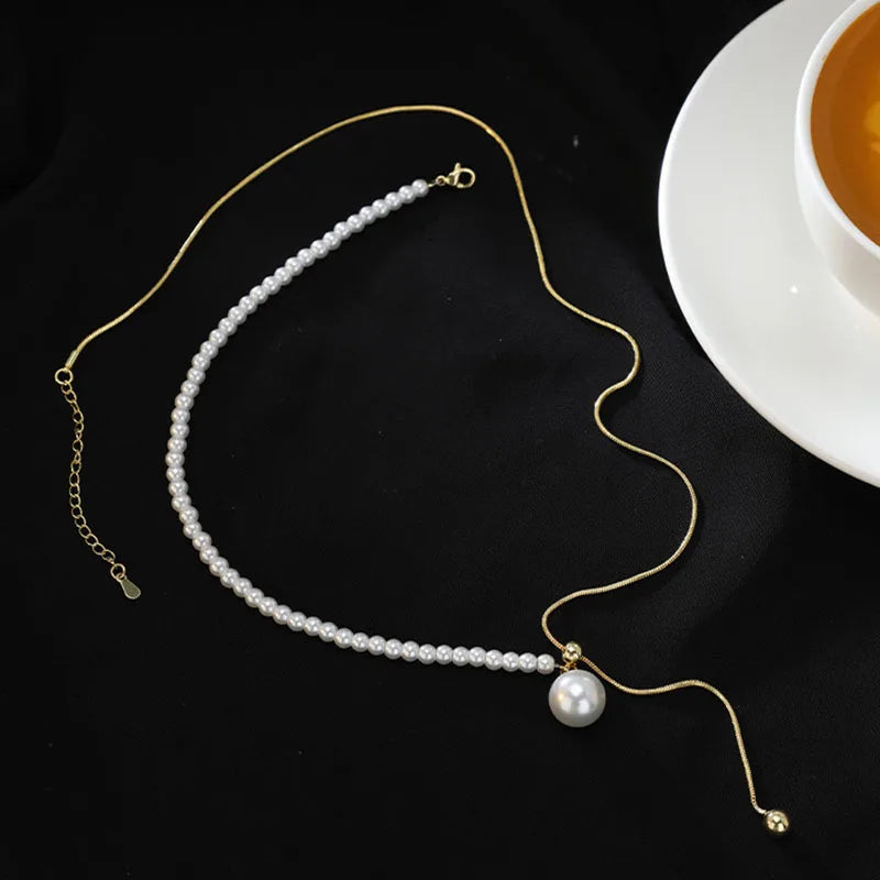 Chic Pearl Lariat Necklace Gold Chain Adjustable Minimalist Sweater Chain Jewelry for Women Statement Neck Jewelry Accessory New