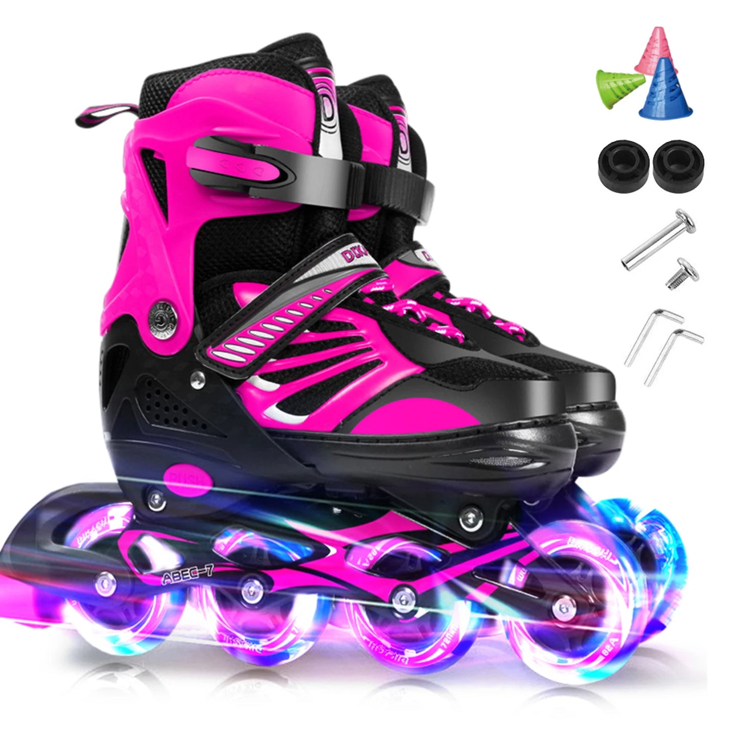 Tomshoo Adjustable Kids Roller Skates w Single Flash Light Wheels, Outdoor Inline Skates for Children Boys Girls Practice Sport