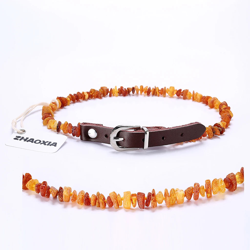 Raw Baltic Amber with Adjustable Leather Strap for Dogs and Cats