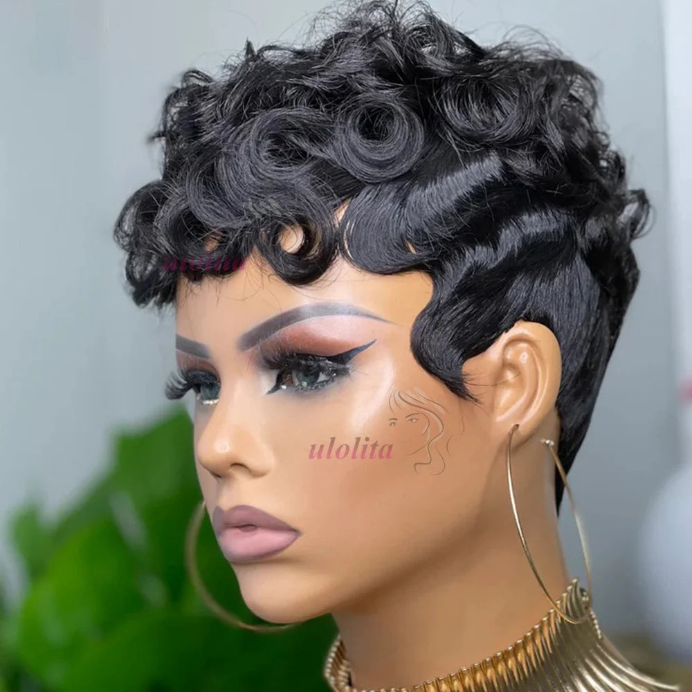 Short Deep Wave Pixie Cut Human Hair Wig Brazilian Remy Wig 180 Density Easy Daily Wear for Black Women