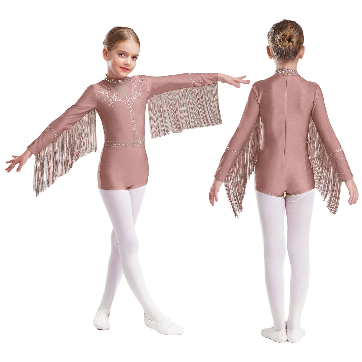 Girls Leotards Jumpsuit for Jazz Latin Skating Competition Costume Tassels Long Sleeve Rhinestones Bodysuit Modern Dancewear