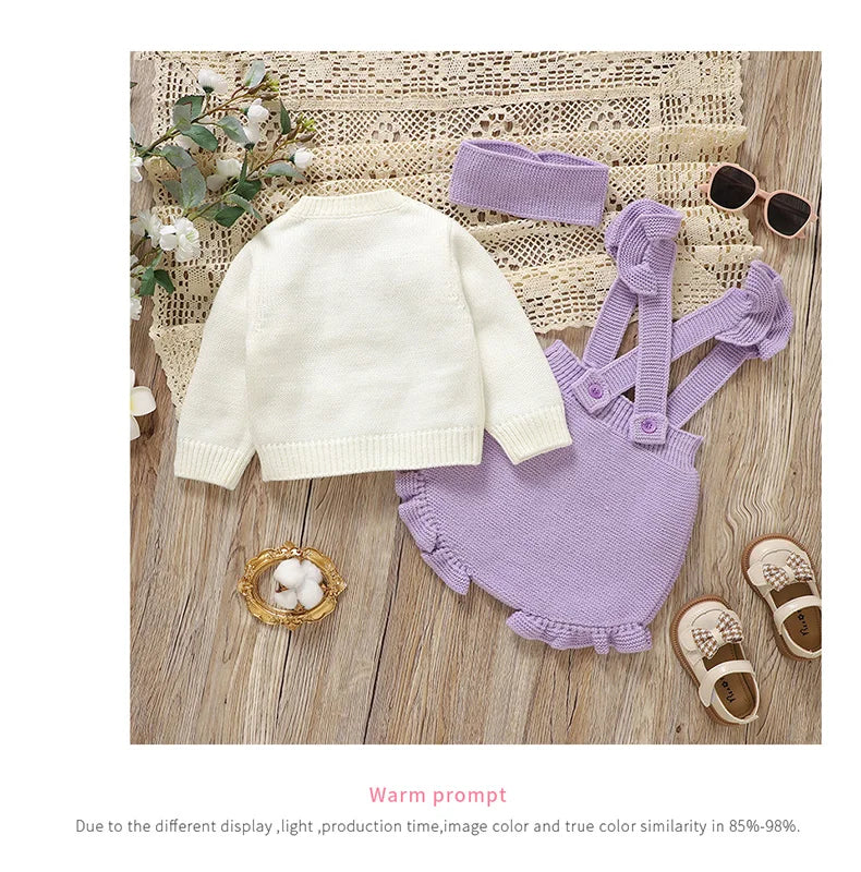 Girl Baby Clothes Set Knit Newborn Sweater Long Sleeve +Pants Fashion Ruffle +Hearwear Autumn Infant Cardigan Bodysuit Headdress