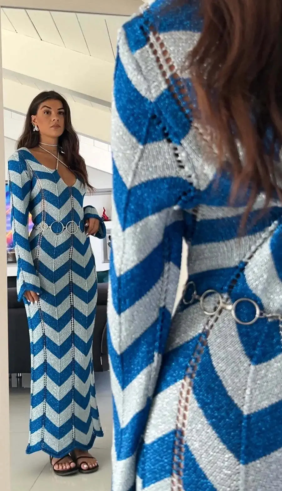 2025 Women's Stripled Long Sleeve Slim Elegant Knitted Maxi Dress V Neck Autumn New Lace Up Hollow Sexy Beach Cover Up Dress