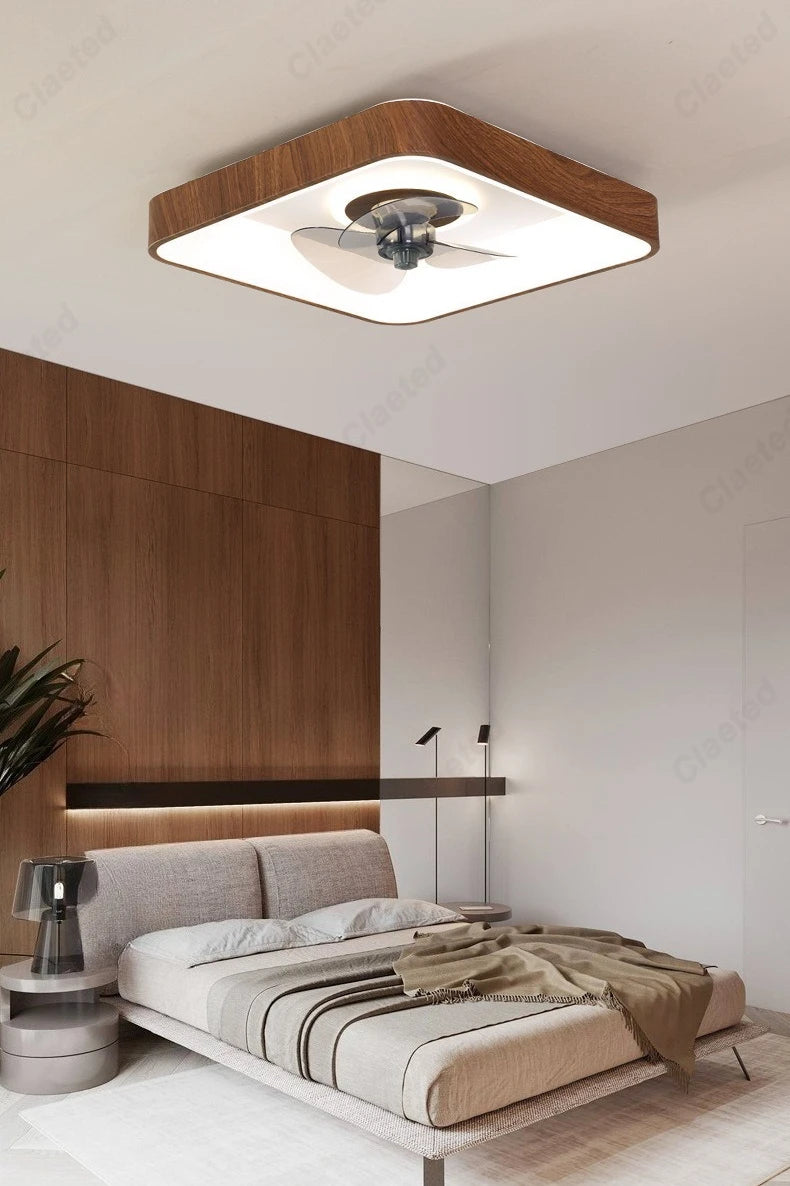 Modern Minimalist LED Living Room Dining Room Study Bedroom Fan Lamp Walnut Color