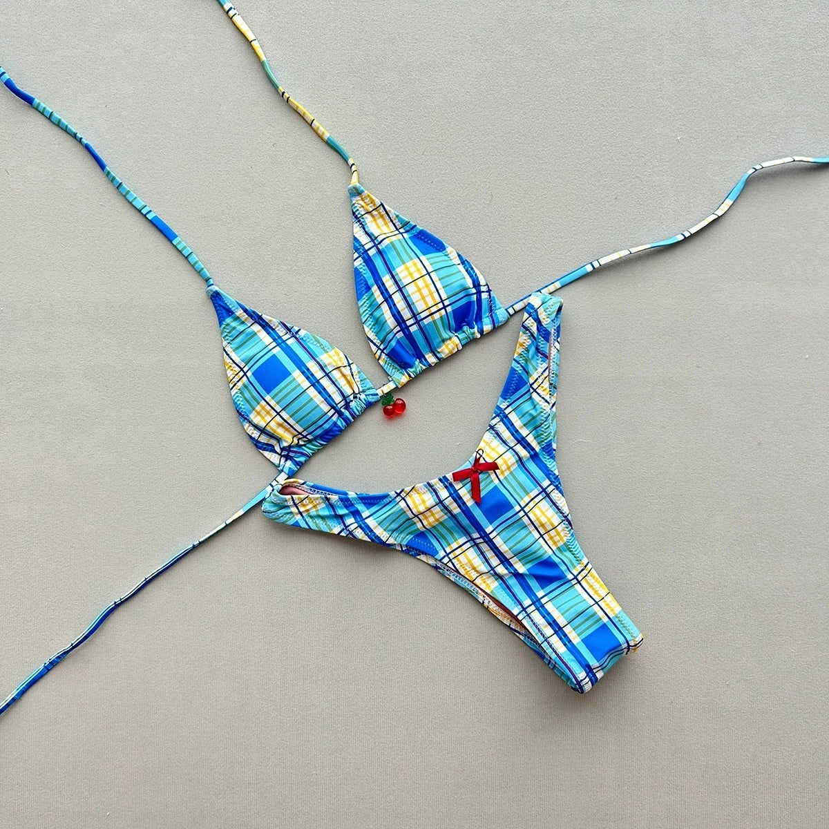 Sexy Blue Plaid Micro Bikini Set 2026 Women Halter Push Up Bra Bow Thong Swimsuit Summer Holiday Bathing Suit Triangle Swimwear