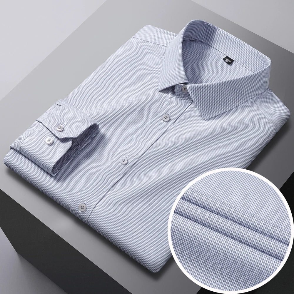 Men's Houndstooth Non-Iron Long Sleeve Button-Up Cotton Shirt, No Pocket Skin-Friendly Casual Versatile for Various Occasions