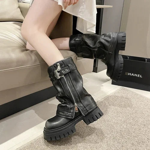 2025 Winter Designer Women Mid-calf Boots Western Short Boots Belt Buckle Soft Leather Boots Fashion Thick Bottom Platform Shoes