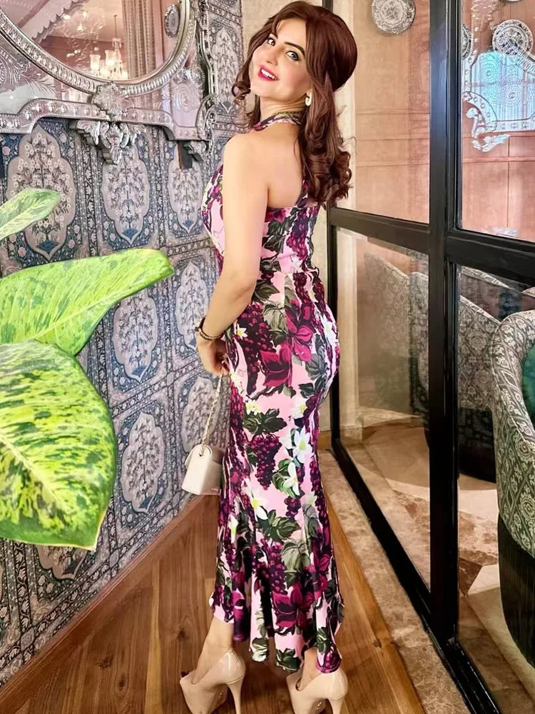 HXAO Women's Dress Fruit Print Slip Dress Summer 2025 Print Long Dresses Luxury Cocktail Dress Chic Sleeveless Backless Vestidos
