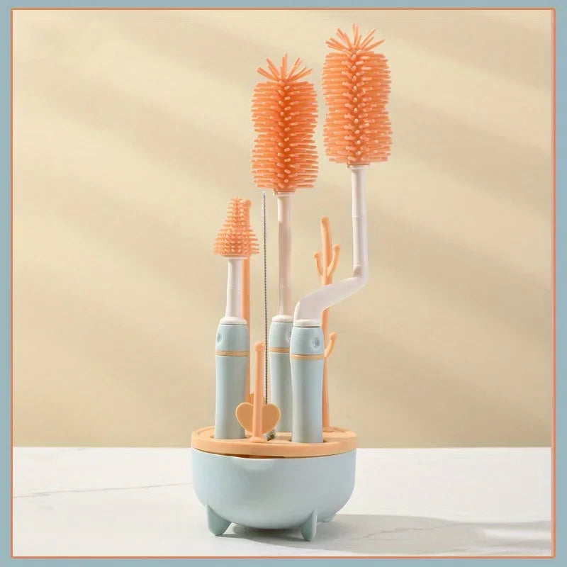 Portable 6 in 1 Baby Bottle Cleaner Set with Drying Rack, 2 Silicone Baby Bottle Brushes,Straw Brush, Nipple Brush & Storage Box