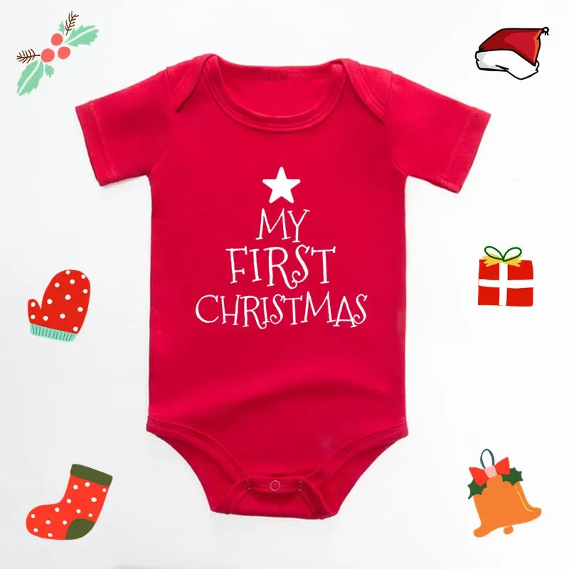 My First Christmas Baby Bodysuit Reindeer Antler Print Short Sleeve Newborn Romper Red Infant Boys Girls First Xmas Photo Outfit