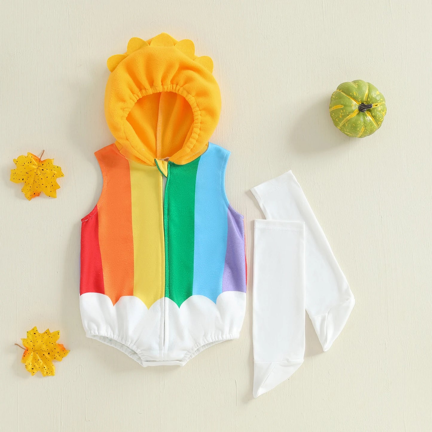Lovely Chick Romper Baby Boy Girl Halloween Costumes Animal Cosplay Hoodie Romper Jumpsuit Bodysuit Stripe Leg Warmers