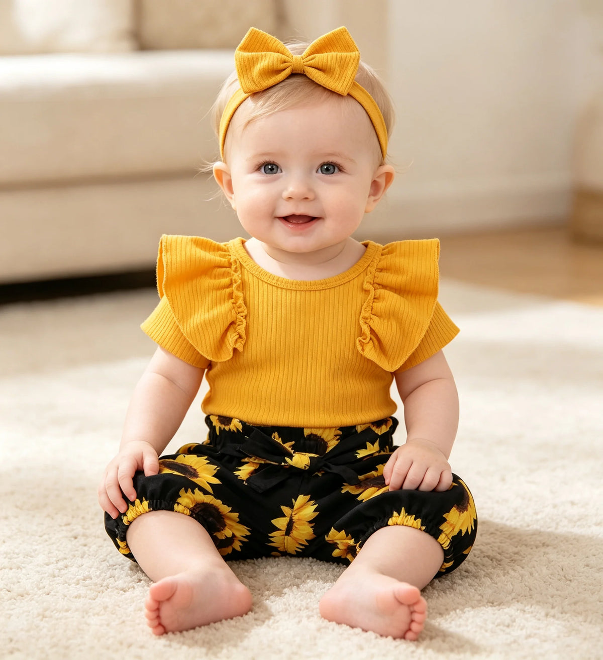 Baby Girl 3pcs Clothes Set Ruffled Romper + Sunflower Print Shorts + Bow Headband Set For Infant Girls