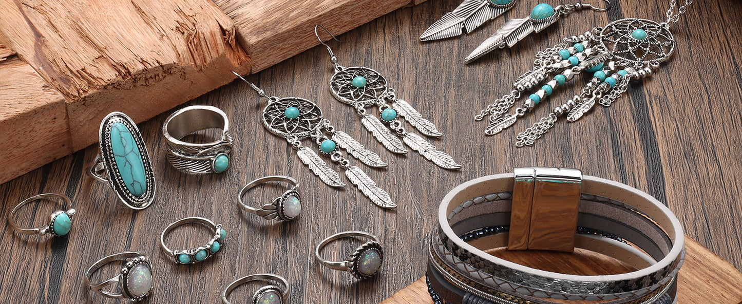 Turquoise Jewelry Set For Women Men Pendant Necklace Western Dangle Earrings Faux Leather Bracelets Boho Rings Set Jewelry Gift