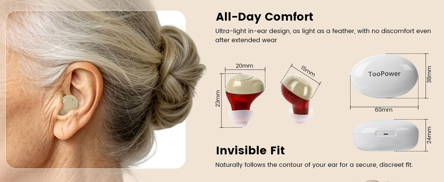 OTC Rechargeable Hearing Aid, Long Battery Life, Intelligent Noise Reduction, Excellent Comfort, Almost Invisible Hearing Aid