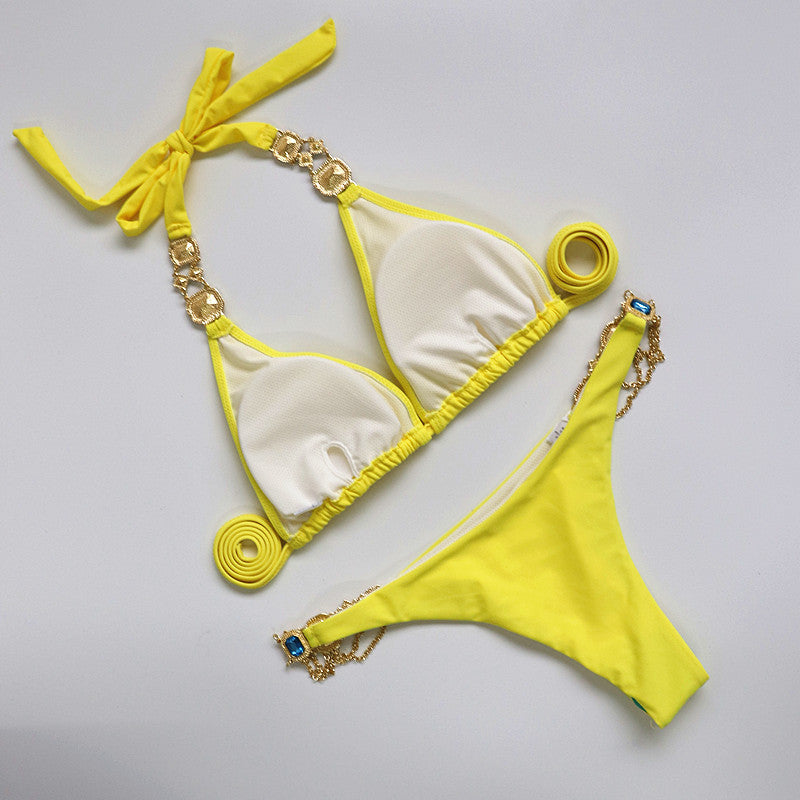 Halter Metal Chains Rhinestone Diamond Bikini Women Swimsuit Female Swimwear Two Pieces Bikini set Brazilian Bathing Suit Swim