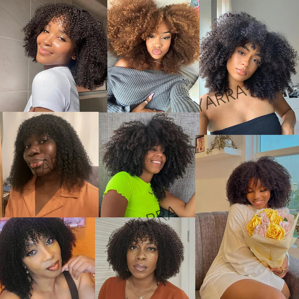 180 250 Density Afro Kinky Curly Human Hair Wigs With Bang For Black Women Brazilian 100% Human Hair Remy Full Machine Made Hair