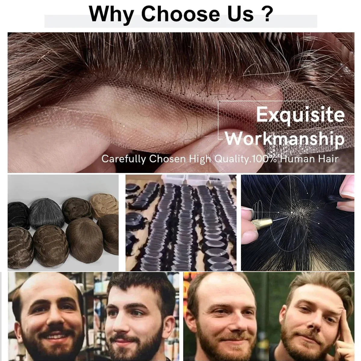 100% Human Hair Men's Toupee Fine Mono Base With Poly Skin Around Natural Men's Hair Replacement system Durable Wigs for Men